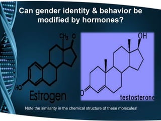Can gender identity & behavior be
    modified by hormones?




 Note the similarity in the chemical structure of these molecules!
 