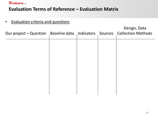Evaluation Terms of Reference – Evaluation Matrix
• Evaluation criteria and questions

Design, Data
Our project – Question Baseline data Indicators Sources Collection Methods

28

 