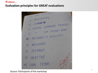 Evaluation principles for GREAT evaluations

Source: Participants of the workshop

8

 