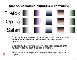 Просвечивающие спрайты и картинки




— В опере при положительном зуме картинка в фоне
  даже при no-repeat добавляет справа левые
  пиксели.

— В опере (и IE7+) при зуме у спрайтов появляются
  паразитные пиксели со всех сторон.

— Тогда как в сафари появляются только сверху и
  справа.
                                                    17
 