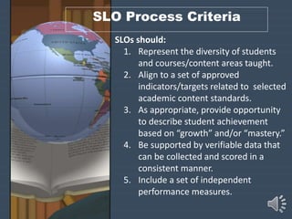 SLOs should:
1. Represent the diversity of students
and courses/content areas taught.
2. Align to a set of approved
indicators/targets related to selected
academic content standards.
3. As appropriate, provide opportunity
to describe student achievement
based on “growth” and/or “mastery.”
4. Be supported by verifiable data that
can be collected and scored in a
consistent manner.
5. Include a set of independent
performance measures.
SLO Process Criteria
 