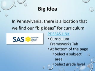 Big Idea
In Pennsylvania, there is a location that
we find our “big ideas” for curriculum
PDESAS LINK
• Curriculum
Frameworks Tab
• At bottom of the page
• Select a subject
area
• Select grade level
 