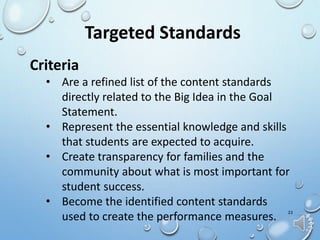 23
Targeted Standards
Criteria
• Are a refined list of the content standards
directly related to the Big Idea in the Goal
Statement.
• Represent the essential knowledge and skills
that students are expected to acquire.
• Create transparency for families and the
community about what is most important for
student success.
• Become the identified content standards
used to create the performance measures.
 