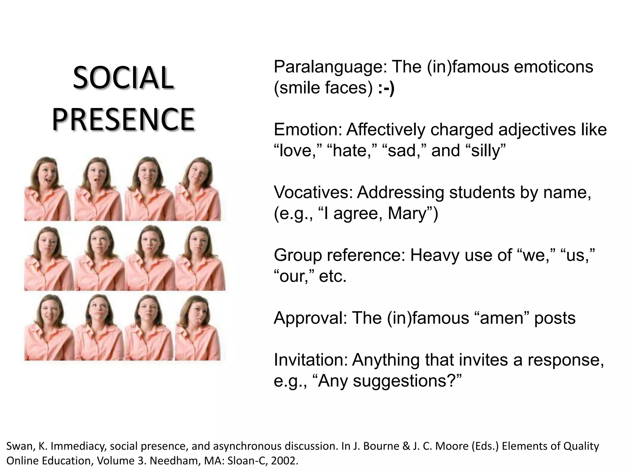 Paralanguage: The (in)famous emoticons
         SOCIAL                                      (smile faces) :-)

        PRESENCE                                     Emotion: Affectively charged adjectives like
                                                     “love,” “hate,” “sad,” and “silly”

                                                     Vocatives: Addressing students by name,
                                                     (e.g., “I agree, Mary”)

                                                     Group reference: Heavy use of “we,” “us,”
                                                     “our,” etc.

                                                     Approval: The (in)famous “amen” posts

                                                     Invitation: Anything that invites a response,
                                                     e.g., “Any suggestions?”


Swan, K. Immediacy, social presence, and asynchronous discussion. In J. Bourne & J. C. Moore (Eds.) Elements of Quality
Online Education, Volume 3. Needham, MA: Sloan-C, 2002.
 