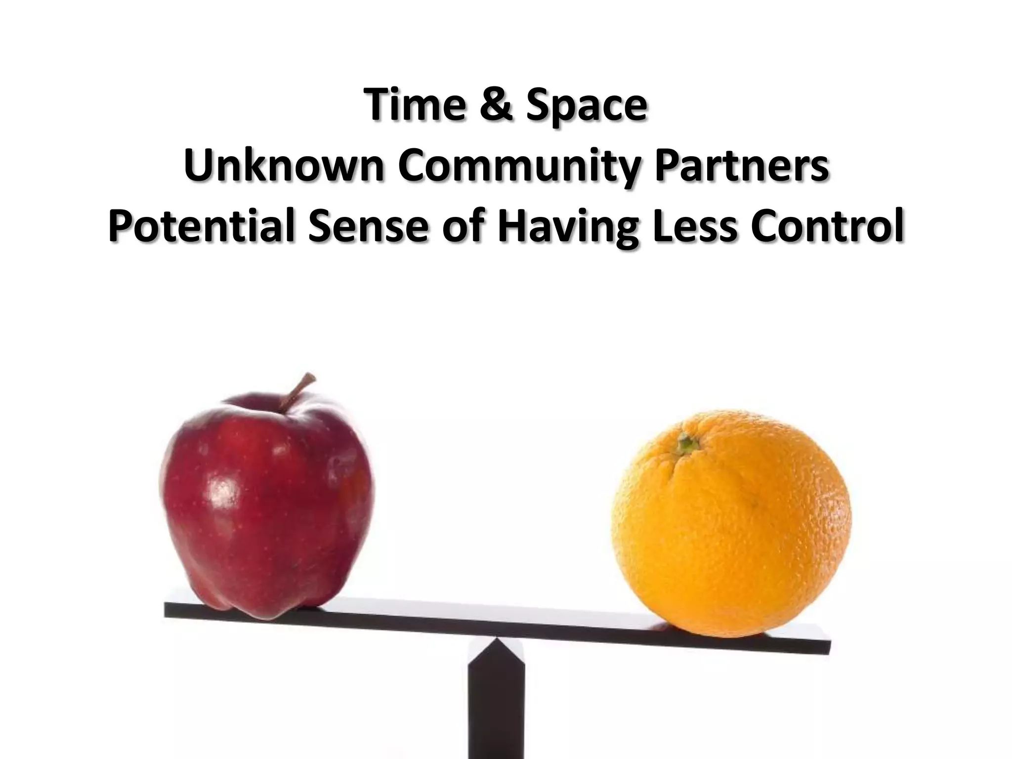 Time & Space
   Unknown Community Partners
Potential Sense of Having Less Control
 