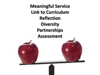 Meaningful Service
Link to Curriculum
    Reflection
     Diversity
   Partnerships
   Assessment
 