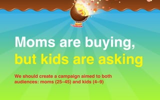 Moms are buying,
but kids are asking
We should create a campaign aimed to both
audiences: moms (25–45) and kids (4–9)
 