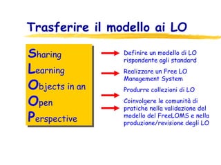 Trasferire il modello ai LO  S haring L earning O bjects in an O pen P erspective Definire un modello di LO rispondente agli standard Realizzare un Free LO Management System Produrre collezioni di LO Coinvolgere le comunità di pratiche nella validazione del modello del FreeLOMS e nella produzione/revisione degli LO 
