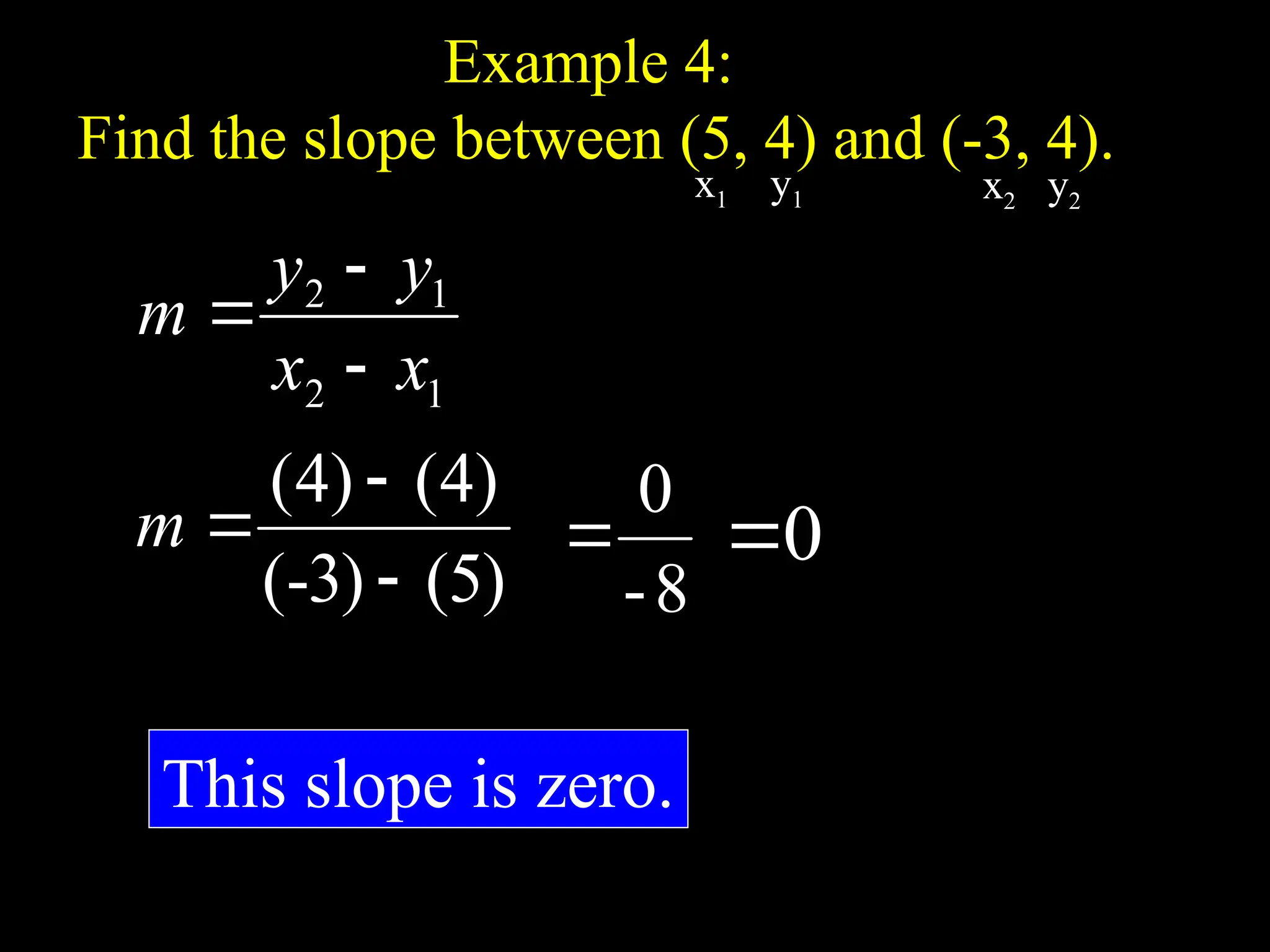 Example 4:
Find the slope between (5, 4) and (-3, 4).
1
2
1
2
x
x
y
y
m



)
5
(
)
3
-
(
)
4
(
)
4
(



m
8
-
0

This slope is zero.
x1 y1 x2 y2
0

 