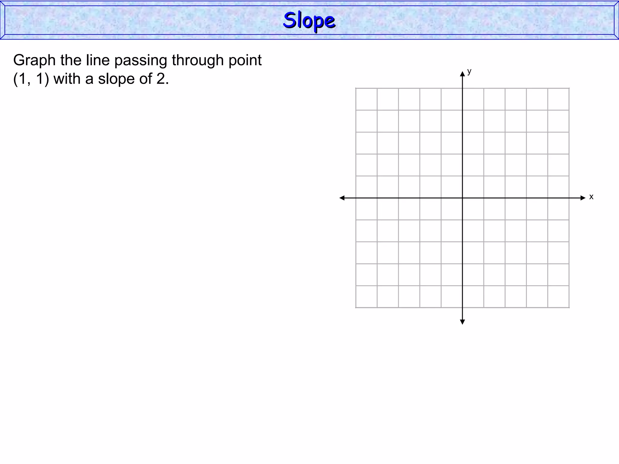 Graph the line passing through point (1, 1) with a slope of 2. Slope y x 