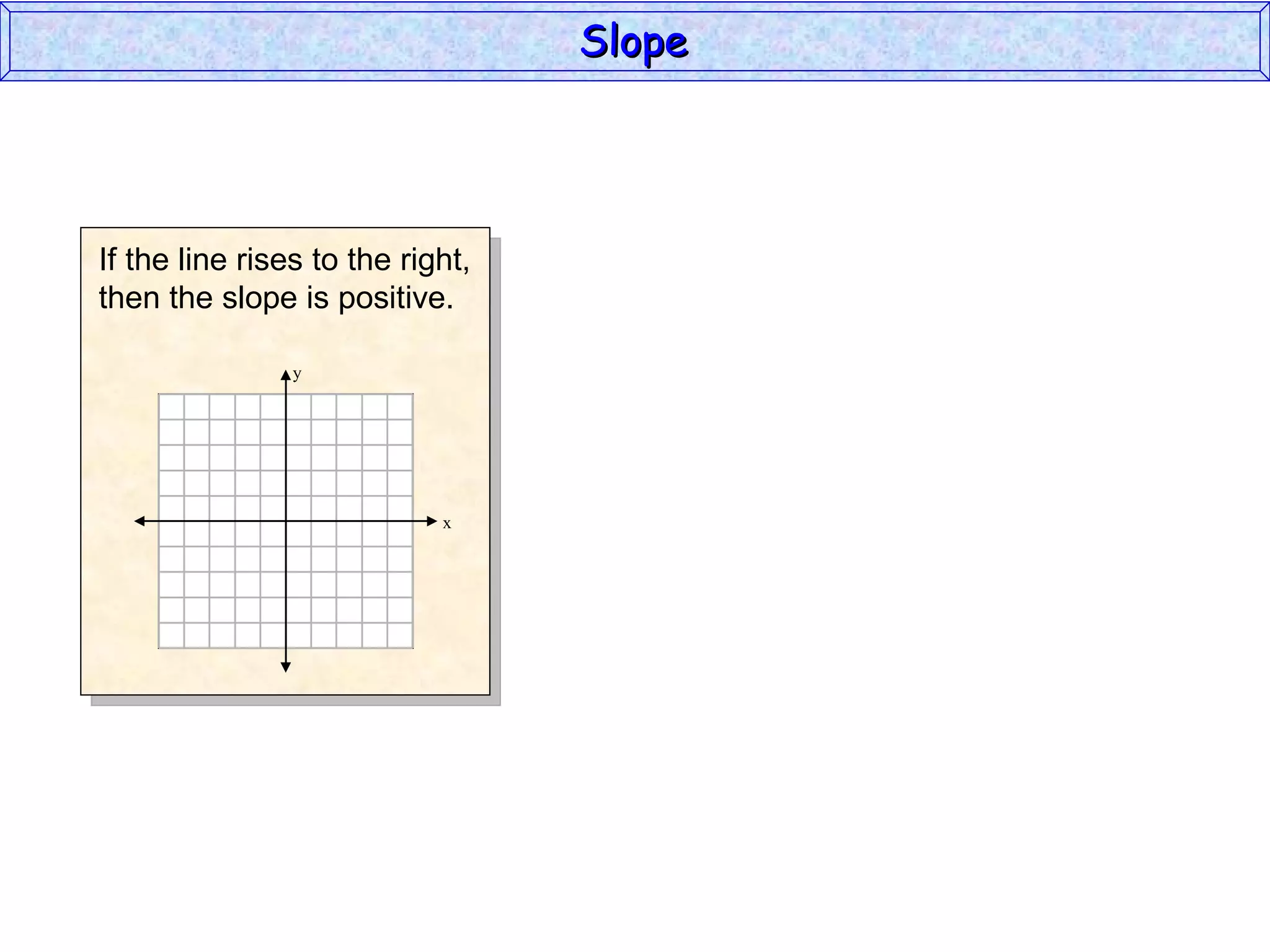 y x If the line rises to the right, then the slope is positive. Slope 