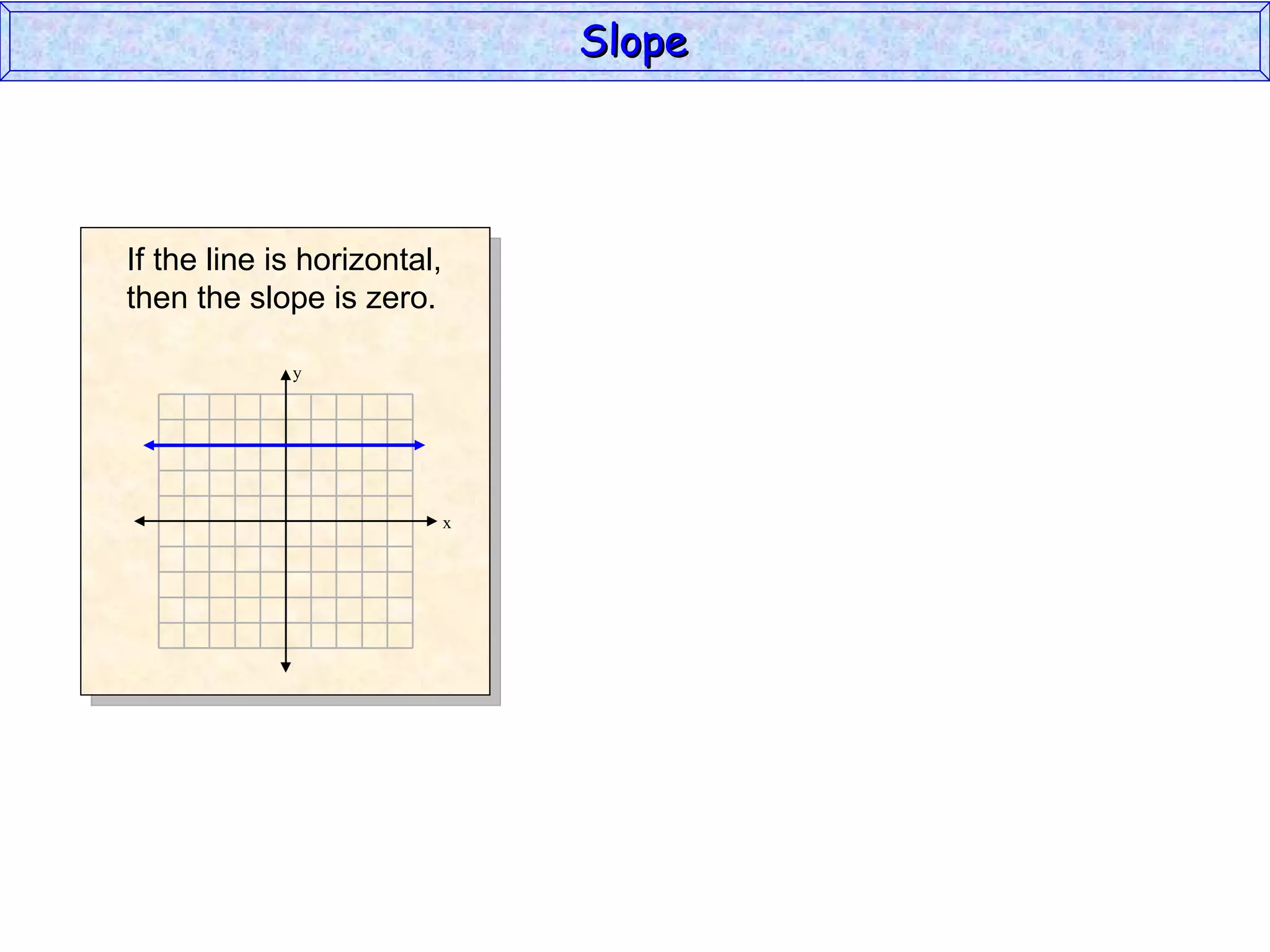 Slope y x If the line is horizontal, then the slope is zero. 