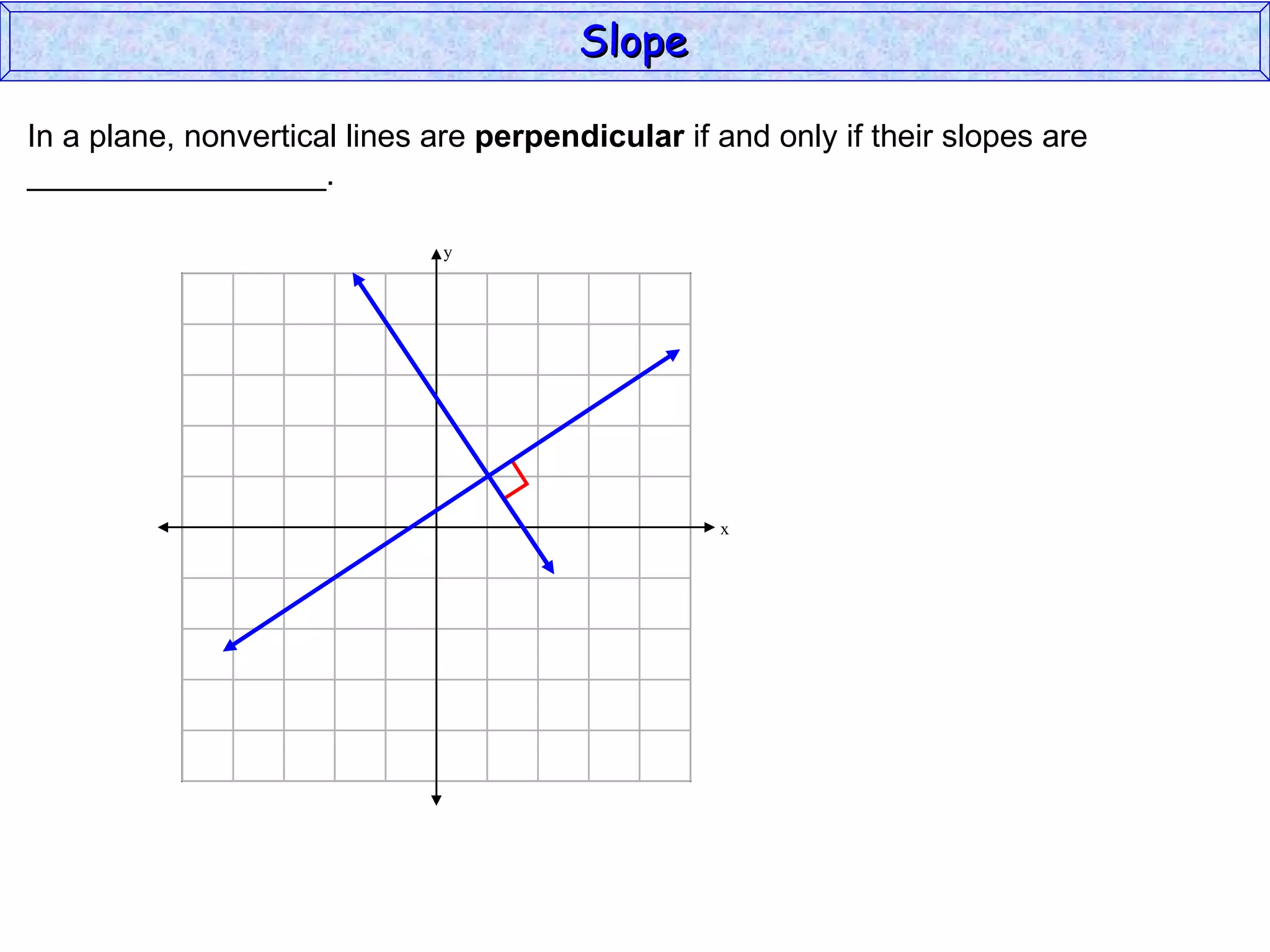 In a plane, nonvertical lines are  perpendicular  if and only if their slopes are  _________________. Slope y x 