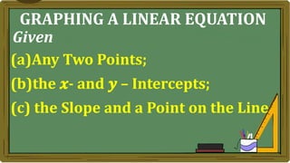 GRAPHING A LINEAR EQUATION
Given
(a)Any Two Points;
(b)the 𝒙- and 𝒚 – Intercepts;
(c) the Slope and a Point on the Line
 