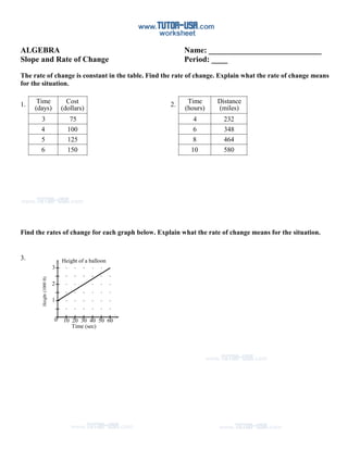 ALGEBRA                                                  Name: ____________________________
Slope and Rate of Change                                 Period: ____
The rate of change is constant in the table. Find the rate of change. Explain what the rate of change means
for the situation.


1.    Time                      Cost                2.    Time      Distance
     (days)                   (dollars)                  (hours)    (miles)
       3                         75                        4          232
       4                        100                        6          348
       5                        125                        8          464
       6                        150                        10         580




Find the rates of change for each graph below. Explain what the rate of change means for the situation.


3.                            Height of a balloon
                          3
       Height (1000 ft)




                          2

                          1


                          0   10 20 30 40 50 60
                                 Time (sec)
 