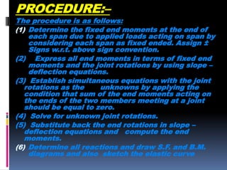 PROCEDURE:–

The procedure is as follows:
(1) Determine the fixed end moments at the end of
each span due to applied loads acting on span by
considering each span as fixed ended. Assign ±
Signs w.r.t. above sign convention.
(2) Express all end moments in terms of fixed end
moments and the joint rotations by using slope –
deflection equations.
(3) Establish simultaneous equations with the joint
rotations as the
unknowns by applying the
condition that sum of the end moments acting on
the ends of the two members meeting at a joint
should be equal to zero.
(4) Solve for unknown joint rotations.
(5) Substitute back the end rotations in slope –
deflection equations and compute the end
moments.
(6) Determine all reactions and draw S.F. and B.M.
diagrams and also sketch the elastic curve

 