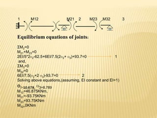 1

M12

M21

2

M23

M32

Equilibrium equations of joints:
ΣM2=0
M21+M23=0
2EI/5*2ɵ2-62.5+6EI/7.5(2ɵ2+ ɵ3)+93.7=0
1
and,
ΣM3=0
M32=0
6EI/7.5(ɵ2+2 ɵ3)-93.7=0
2
Solving above equations,(assuming, EI constant and EI=1)
Ɵ2=10.678, ɵ3=8.789
M12=46.875KNm,
M21=-93.75KNm
M23=93.75KNm
M32=0KNm

3

 