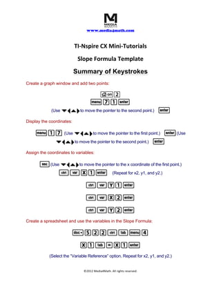  	
  	
  	
  
www.media4math.com	
  
	
  
©2012	
  Media4Math.	
  All	
  rights	
  reserved.	
  
TI-­‐Nspire	
  CX	
  Mini-­‐Tutorials	
  
Slope	
  Formula	
  Template	
  
Summary of Keystrokes
Create a graph window and add two points:
c2
b71·b71·
(Use ¤¡`¢¤¡`¢to move the pointer to the second point.) ··
Display the coordinates:
b17b17 (Use ¤¡`¢¤¡`¢to move the pointer to the first point.) ··(Use
¤¡`¢¤¡`¢to move the pointer to the second point.) ··
Assign the coordinates to variables:
dd(Use ¤¡`¢¤¡`¢to move the pointer to the x coordinate of the first point.)
/hX1·/hX1· (Repeat for x2, y1, and y2.)
/hY1·/hY1·
/hX2·/hX2·
/hY2·/hY2·
Create a spreadsheet and use the variables in the Slope Formula:
~522/eb4~522/eb4
X1e=X1·X1e=X1·
(Select the “Variable Reference” option. Repeat for x2, y1, and y2.)
 