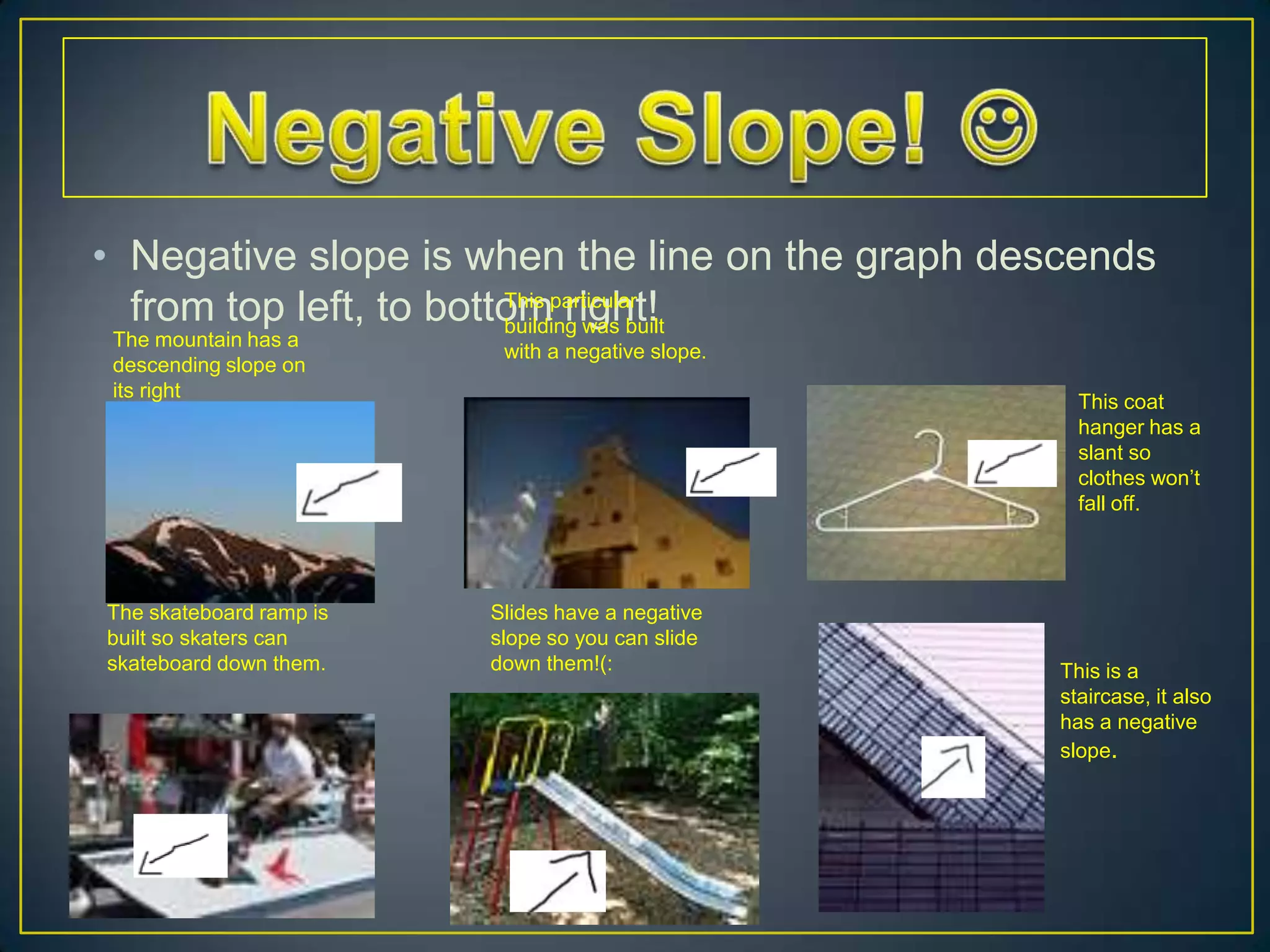 Negative Slope! Negative slope is when the line on the graph descends from top left, to bottom right!This particular building was built with a negative slope.The mountain has a descending slope on its rightThis coat hanger has a slant so clothes won’t fall off.The skateboard ramp is built so skaters can skateboard down them.Slides have a negative slope so you can slide down them!(:This is a staircase, it also has a negative slope.