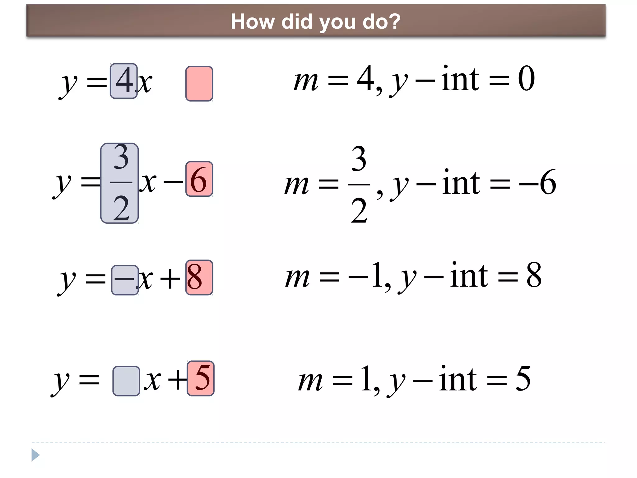 xy 4=
6
2
3
−= xy
8+−= xy
5+= xy
0int,4 =−= ym
6int,
2
3
−=−= ym
8int,1 =−−= ym
5int,1 =−= ym
How did you do?
 