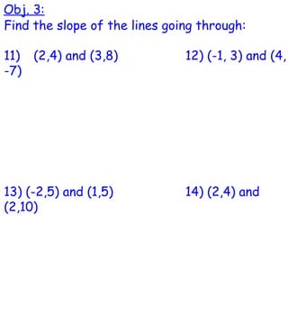 Find the slope of the lines going through: 11)  (2,4) and (3,8) 12) (-1, 3) and (4, -7) 13) (-2,5) and (1,5) 14) (2,4) and (2,10) Obj. 3: 