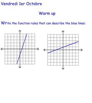 Vendredi 1er Octobre Warm up Wr ite the function rules that can describe the blue lines: 