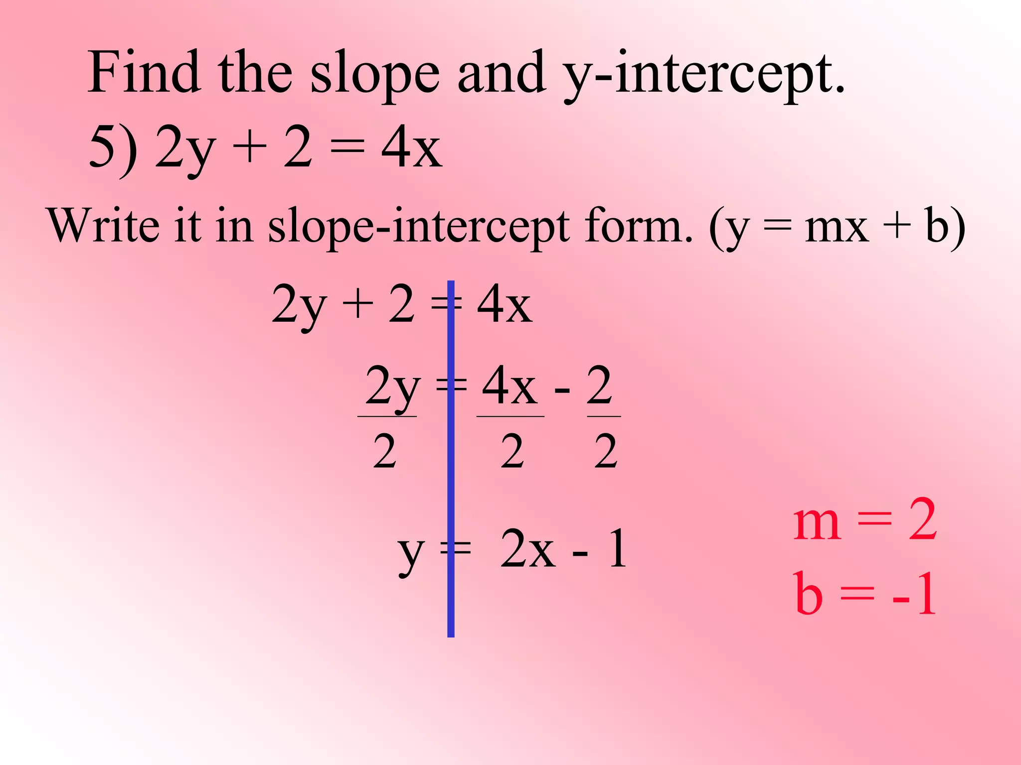 Write it in slope-intercept form. (y = mx + b)
2y + 2 = 4x
2y = 4x - 2
y = 2x - 1
Find the slope and y-intercept.
5) 2y + 2 = 4x
2 2 2
m = 2
b = -1
 