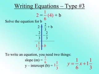 Writing Equations – Type #3
2 = (4) + b
Solve the equation for b
2 = + b
To write an equation, you need two things:
slope (m) =
y – intercept (b) =
1
6
2
3
2
3

1
1
3
b

2
3

1
6 1
1
3
1 1
1
6 3
y x
 
 