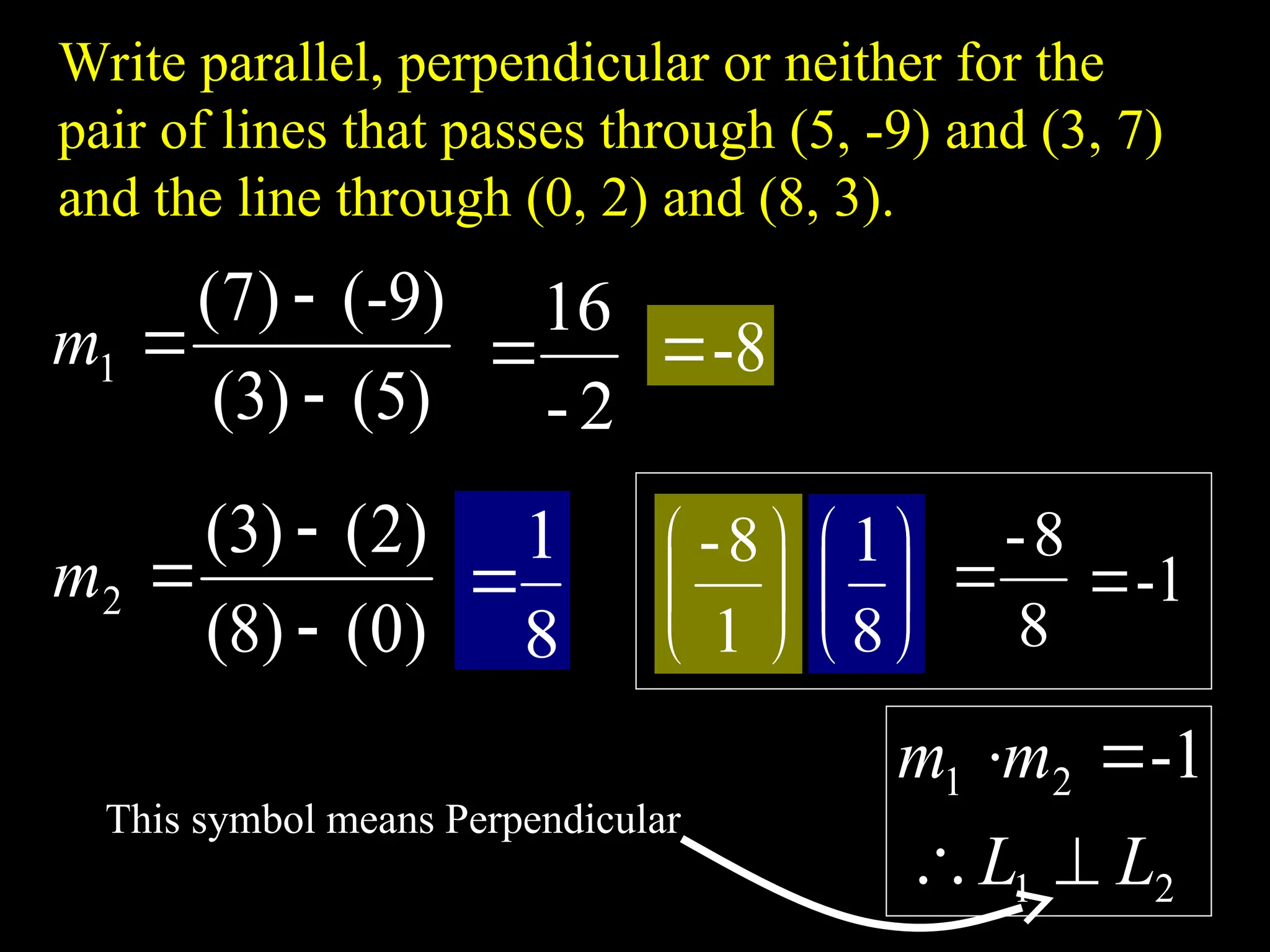 Write parallel, perpendicular or neither for the
pair of lines that passes through (5, -9) and (3, 7)
and the line through (0, 2) and (8, 3).
)
5
(
)
3
(
)
9
-
(
)
7
(
1



m
)
0
(
)
8
(
)
2
(
)
3
(
2



m
2
-
16
 8
-

8
1
 





1
8
-






8
1
8
8
-
 1
-

2
1
2
1 1
-
L
L
m
m




This symbol means Perpendicular
 