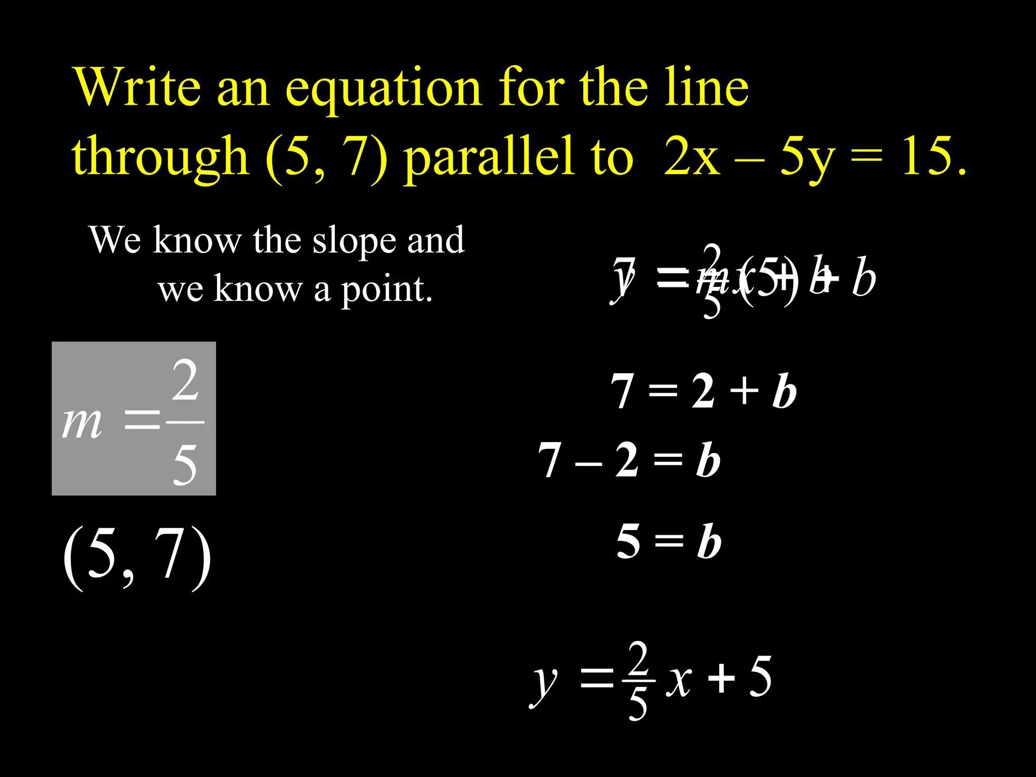 We know the slope and
we know a point.
)
7
,
5
(
5
2

m
b

 )
5
(
7 5
2 b
mx
y 

7 = 2 + b
7 – 2 = b
5 = b
5
5
2 
 x
y
Write an equation for the line
through (5, 7) parallel to 2x – 5y = 15.
 