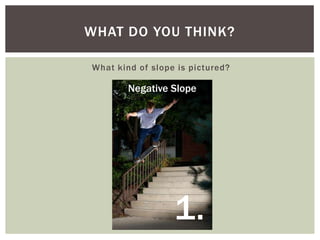 WHAT DO YOU THINK?
What kind of slope is pictured?

Negative Slope

1.

 