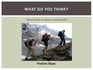 WHAT DO YOU THINK?
What kind of slope is pictured?

2.

Positive Slope

 