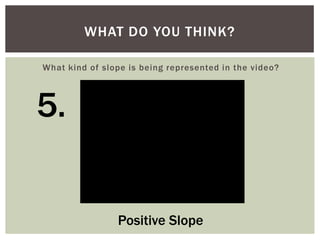 WHAT DO YOU THINK?
What kind of slope is being represented in the video?

5.
Positive Slope

 