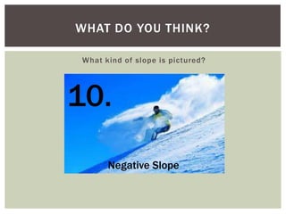 WHAT DO YOU THINK?
What kind of slope is pictured?

10.
Negative Slope

 