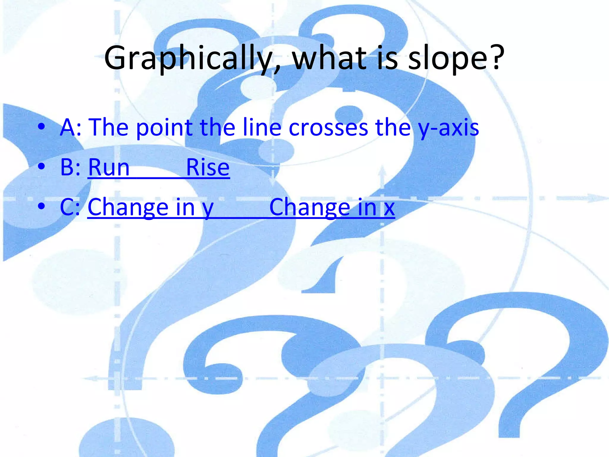 Graphically, what is slope? A: The point the line crosses the y-axis B:  Run          Rise C:  Change in y          Change in x 