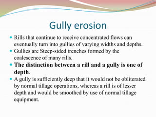 Gully erosion
 Rills that continue to receive concentrated flows can
eventually turn into gullies of varying widths and depths.
 Gullies are Steep-sided trenches formed by the
coalescence of many rills.
 The distinction between a rill and a gully is one of
depth.
 A gully is sufficiently deep that it would not be obliterated
by normal tillage operations, whereas a rill is of lesser
depth and would be smoothed by use of normal tillage
equipment.
 