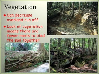 Vegetation
   Can decrease
    overland run off
   Lack of vegetation
    means there are
    fewer roots to bind
    the soil together
 