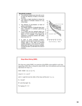 Sensitivity analysis
   The sensitivity analysis was done with an aim
   to know the influence of water on the factor
   of safety.
   This study is highly beneficial to choose the
   best method of remedial measure for any
   critical slope.

   The influence of groundwater on factor of
   safety is remarkable.
   The stability analyses of highwall slope have
   been conducted in undrained geo-mining
   condition also
    It is evident that the highwall slopes are
   stable in drained condi-tion with cut-off safety
   factor of 1.3 is unstable, if the slopes are
   subjected to undrained condition with safety
   factor less than 1.3.

   In order to avoid undrained condition,
   attention must be paid to avoid entry of rain/
   surface water in the slope by providing
   suitable drainage in and around the quarry,
   failing which the slope can become unstable.
   It should be taken up well before the onset of
   monsoon.




   Slope Mass Rating (SMR)




                                                      36
 