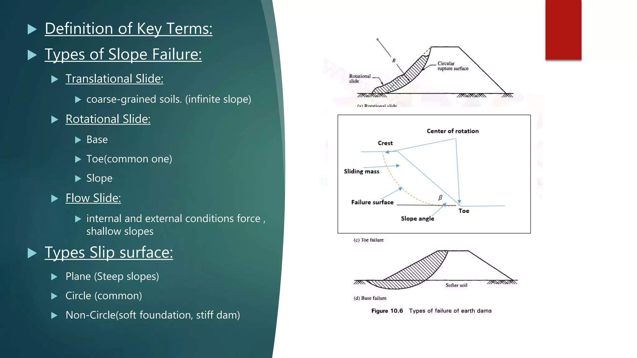  Definition of Key Terms:
 Types of Slope Failure:
 Translational Slide:
 coarse-grained soils. (infinite slope)
 Rotational Slide:
 Base
 Toe(common one)
 Slope
 Flow Slide:
 internal and external conditions force ,
shallow slopes
 Types Slip surface:
 Plane (Steep slopes)
 Circle (common)
 Non-Circle(soft foundation, stiff dam)
 