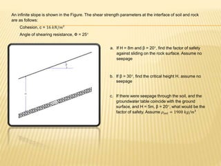 An infinite slope is shown in the Figure. The shear strength parameters at the interface of soil and rock
are as follows:
Cohesion, c = 16 𝑘𝑁/𝑚²
Angle of shearing resistance, Ф = 25°
a. If H = 8m and β = 20°, find the factor of safety
against sliding on the rock surface. Assume no
seepage
b. If β = 30°, find the critical height H. assume no
seepage
c. If there were seepage through the soil, and the
groundwater table coincide with the ground
surface, and H = 5m, β = 20°, what would be the
factor of safety. Assume 𝜌𝑠𝑎𝑡 = 1900 𝑘𝑔/𝑚³
 