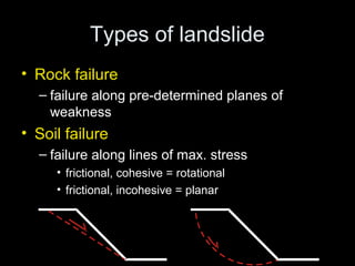 Types of landslide
• Rock failure
  – failure along pre-determined planes of
    weakness
• Soil failure
  – failure along lines of max. stress
     • frictional, cohesive = rotational
     • frictional, incohesive = planar
 