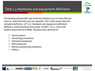 Task 1.2 Hardware and equipment definition
The existing and possible new technical solutions are so many that we
have to work from the end user upwards. This is the reason why the
complete definition of T.1.2. Hardware and equipment definition
(KESLA) is mainly based on the results of WP1- T.1.1.: Users and
System requirements (ITENE). Questionnaire directed to:

•
•
•
•
•
•

Forest owners
Harvesting contractors
Transport companies
Mill companies
Biomass processing companies
Others…

Kick-off Meeting
8-9/jan/2014

 