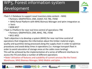 WP5. Forest information system
development
•Task 5.1 Database to support novel inventory data content – MHG
• Partners: GRAPHITECH, CNR, COAST, FLY, TRE, ITENE
• MHG Portal Platform with MHG Biomass Manager and Iptim integration as
a basis
• M08-M17
• Task 5.2 Platform for near real time control of operations–TRE
• Partners: GRAPHITECH, CNR, MHG, TRE, ITENE
• M11-M22
Task’s objective is to develop a system (MHG) for near real time control of
operations that integrates the information about the timber material origin,
quality and quantities being processed along the supply chain in order to optimize
procedures and avoid delay times in operations (i.e. manage transport fleet in
order to avoid saturation of storage areas at the cable crane landing).
This will be achieved by the implementation of a series of different interfaces to
access the FIS and allow a number of different operations
• Note! Utilization of features and scalability of current services like the Forest
Warehouse, MHG Biomass Manager, MHG Mobile and Iptim
Kick-off Meeting
8-9/jan/2014

 