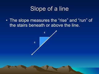 Slope of a line The slope measures the “rise” and “run” of the stairs beneath or above the line. 4 4 