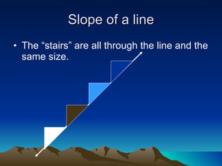 Slope of a line The “stairs” are all through the line and the same size. 