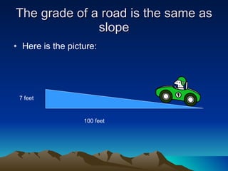 The grade of a road is the same as slope Here is the picture: 7 feet 100 feet 