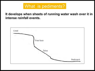 What is pediments?
It develops when sheets of running water wash over it in
intense rainfall events.
 