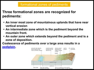 Three formational zones are recognized for
pediments:
• An inner most zone of mountainous uplands that have near
vertical erosion
• An intermediate zone which is the pediment beyond the
mountain front.
• An outer zone which extends beyond the pediment and is a
zone of deposition.
Coalescence of pediments over a large area results in a
pediplain.
formational zones of pediments
 