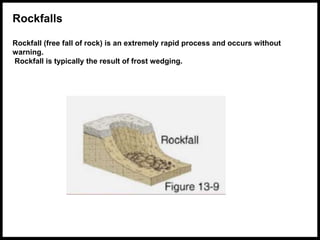 Rockfalls
Rockfall (free fall of rock) is an extremely rapid process and occurs without
warning.
Rockfall is typically the result of frost wedging.
 