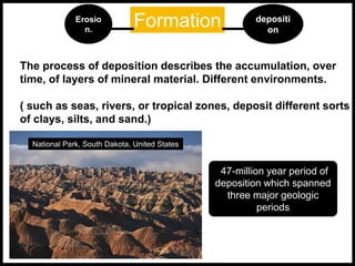 Formation
The process of deposition describes the accumulation, over
time, of layers of mineral material. Different environments.
( such as seas, rivers, or tropical zones, deposit different sorts
of clays, silts, and sand.)
47-million year period of
deposition which spanned
three major geologic
periods
depositi
on
Erosio
n.
National Park, South Dakota, United States
 